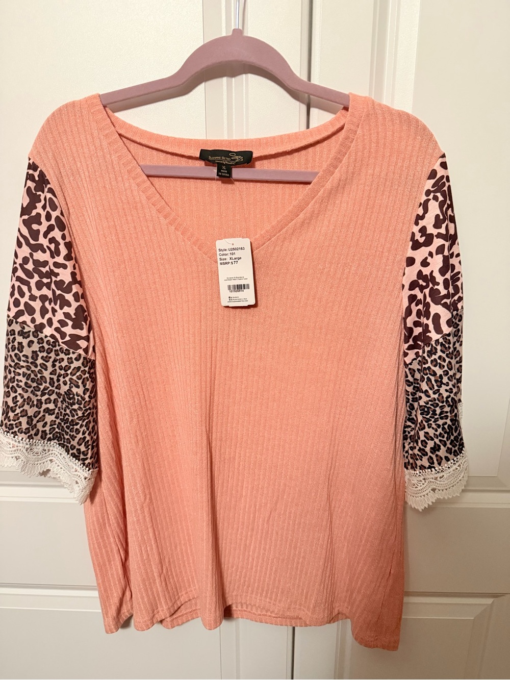 Suzanne Betro Peach V-Neck Top with Leopard Print Sleeves